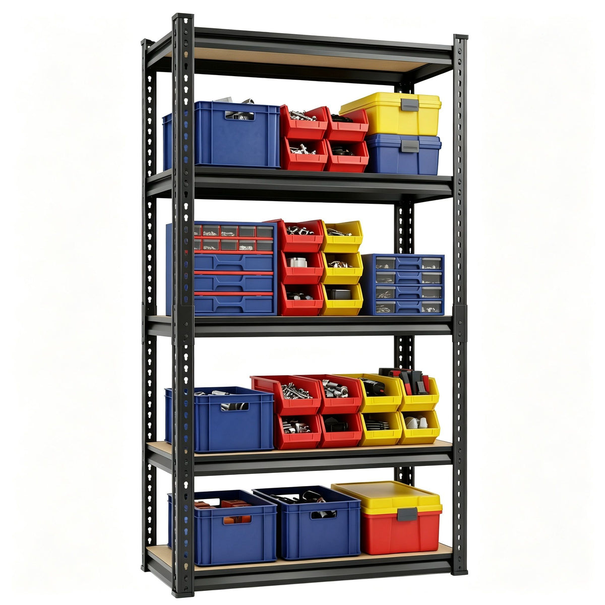 5-tier storage shelf with dark metal frame and multicolor plastic organizers