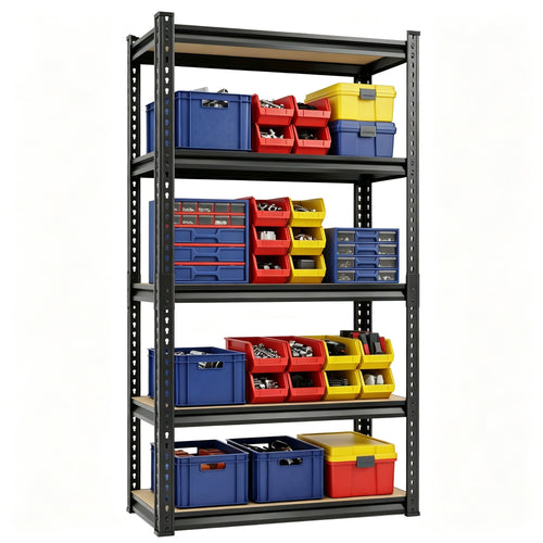 5-tier storage shelf with dark metal frame and multicolor plastic organizers
