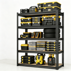 5-tier MDF board shelving unit with black steel frame, open shelves and sides