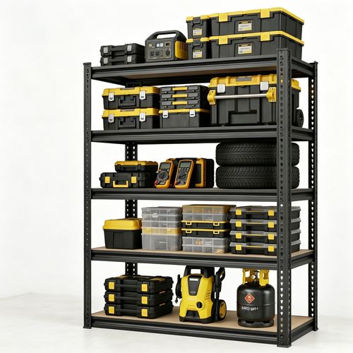 5-tier MDF board shelving unit with black steel frame, open shelves and sides