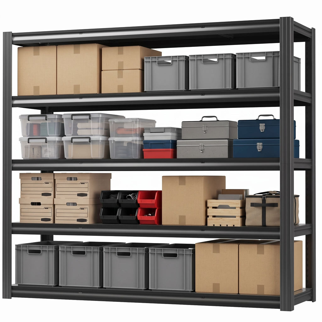 Dark gray 5-tier solid steel storage shelving unit, open frame with side rails