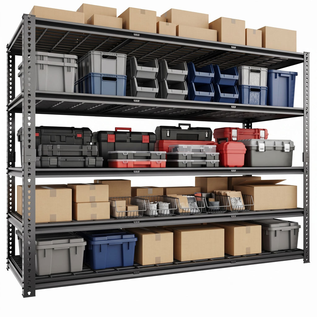 Black 5-tier wire mesh storage shelving with steel frame and side rails