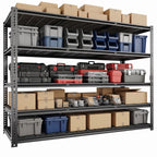 Black 5-tier wire mesh storage shelving with steel frame and side rails
