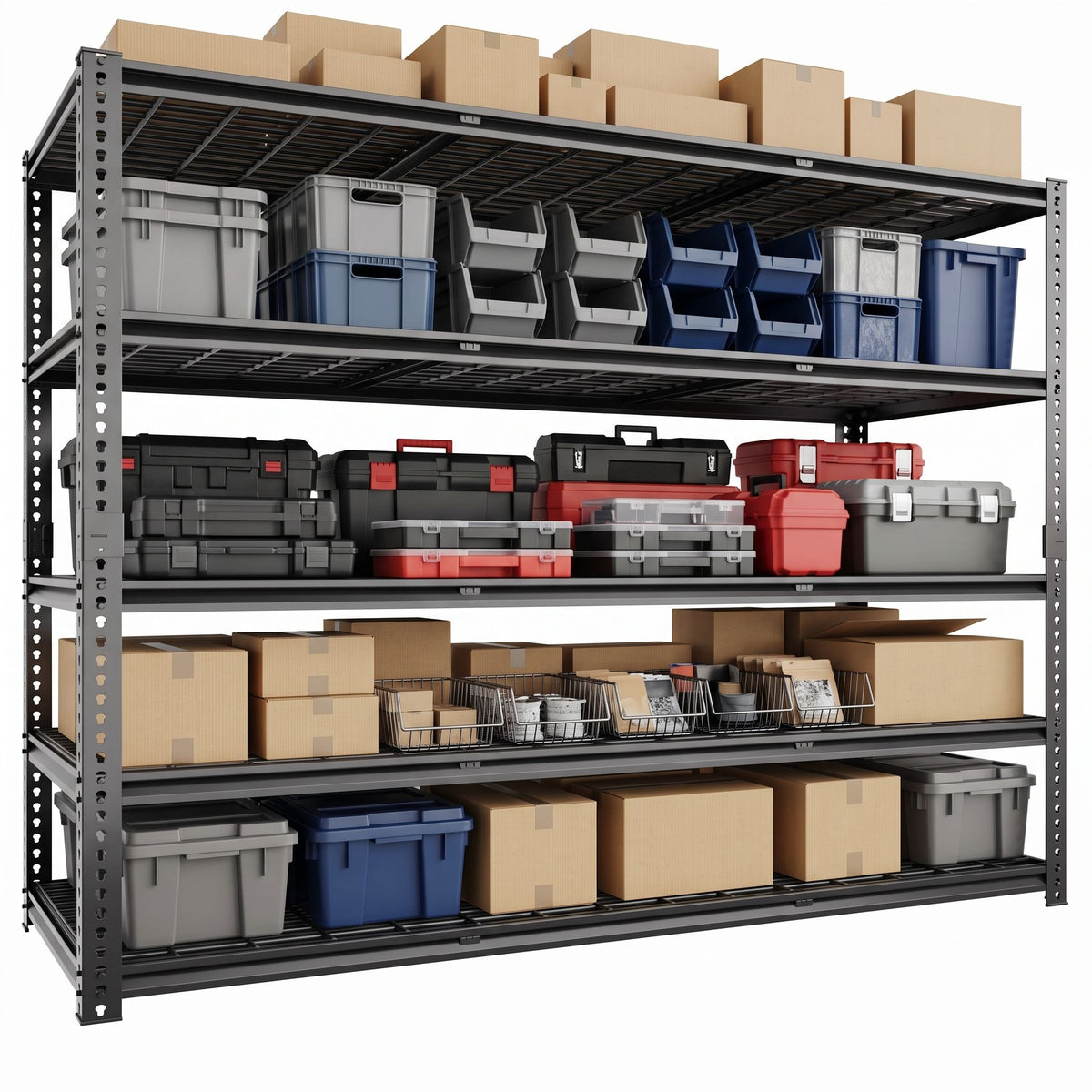 Black 5-tier wire mesh storage shelving with steel frame and side rails