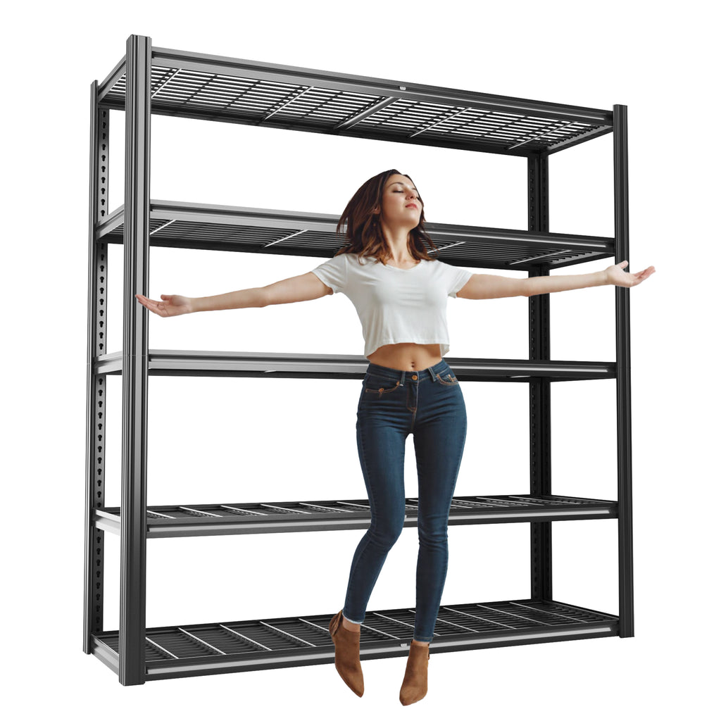 5-tier black wire mesh storage shelving rack with open shelves and upright frame