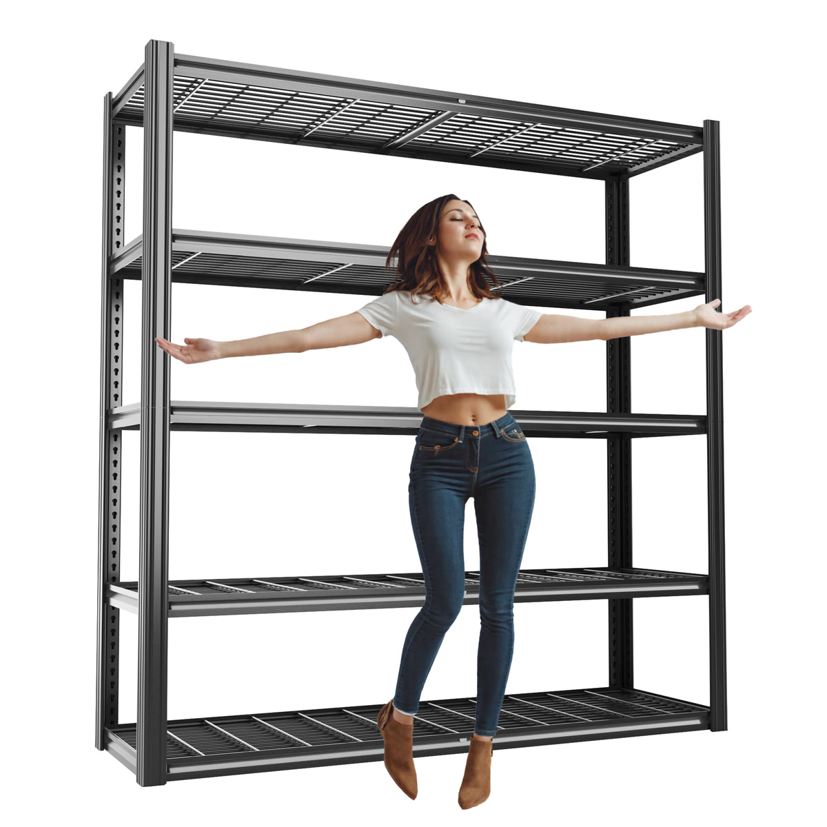 5-tier black wire mesh storage shelving rack with open shelves and upright frame