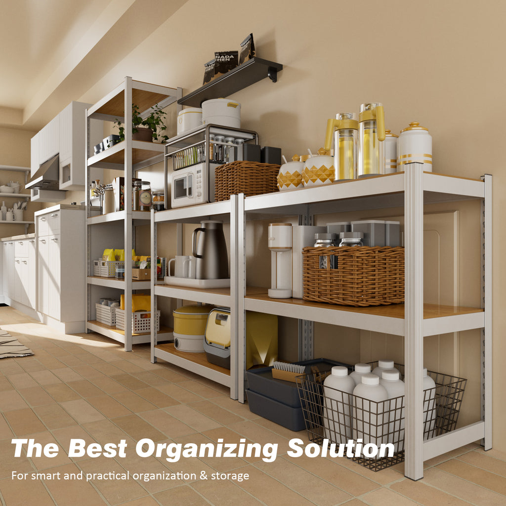 White 5-tier closet storage shelving unit with open shelves and front lower baskets