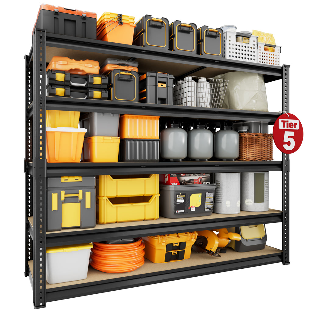 5-tier wire mesh storage shelving rack with black metal frame, open shelves