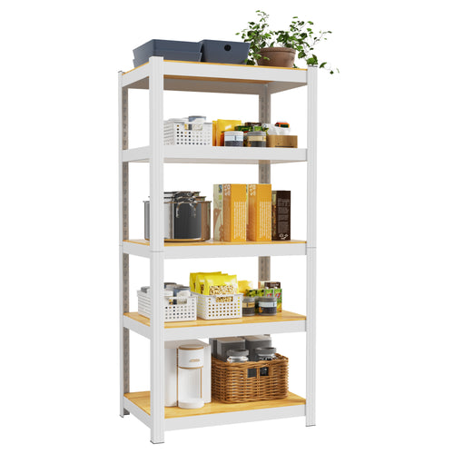 White 5-tier closet storage shelf with open shelves and stored household items