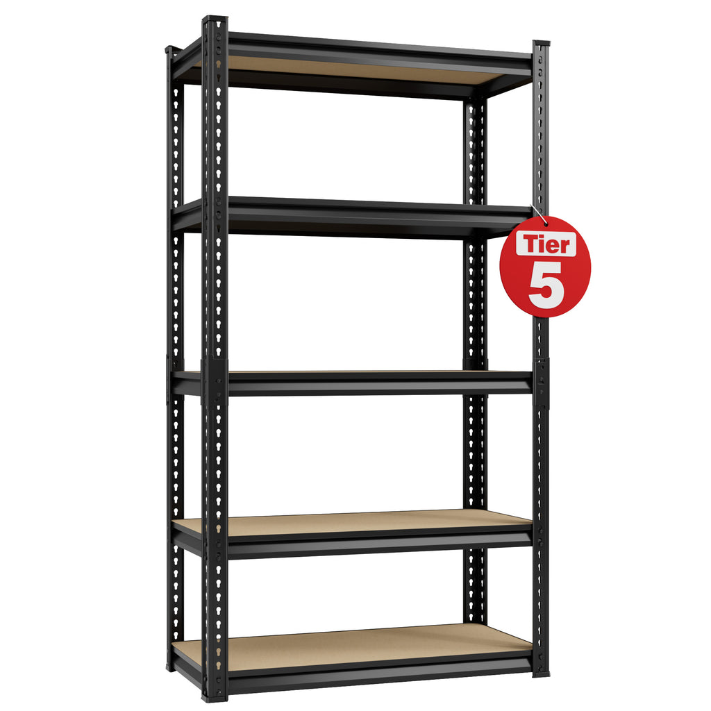 Black 5-tier MDF wood board shelving unit with steel frame, front view