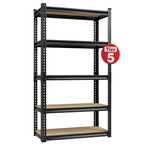 Black 5-tier MDF wood board shelving unit with steel frame, front view