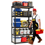 Black 5-tier MDF wood board shelving unit with steel frame and open storage shelves