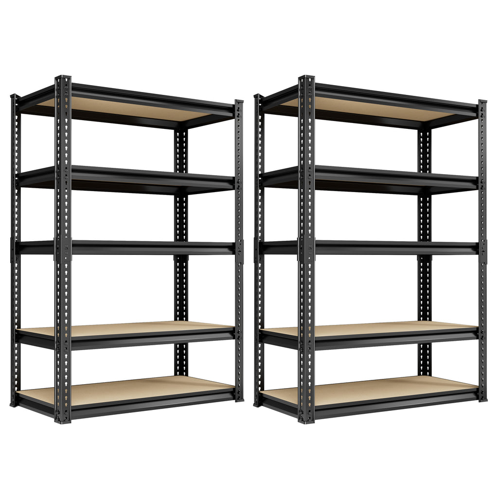 Two 5-tier storage shelves with black metal frames and light wood MDF boards.