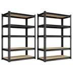 Two 5-tier storage shelves with black metal frames and light wood MDF boards.