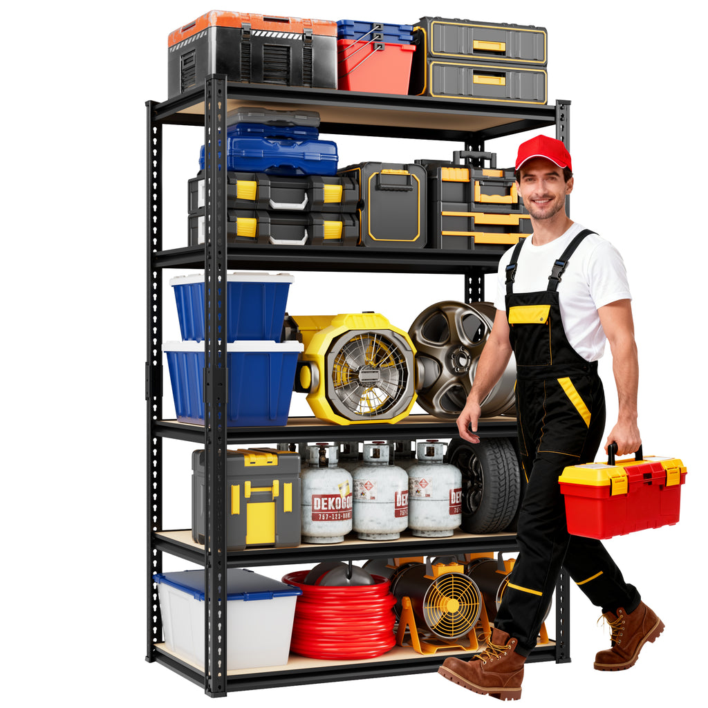 5-tier shelving unit with black metal frame and MDF boards, used for tools storage.