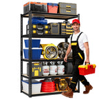 5-tier shelving unit with black metal frame and MDF boards, used for tools storage.