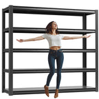 5-tier steel shelving unit with dark gray metal frame, open shelves, standing upright