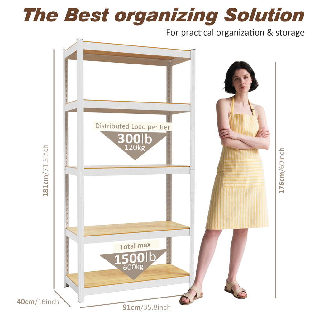 White 5-tier closet storage shelf with light wood shelves and open metal frame