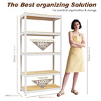 White 5-tier closet storage shelf with light wood shelves and open metal frame