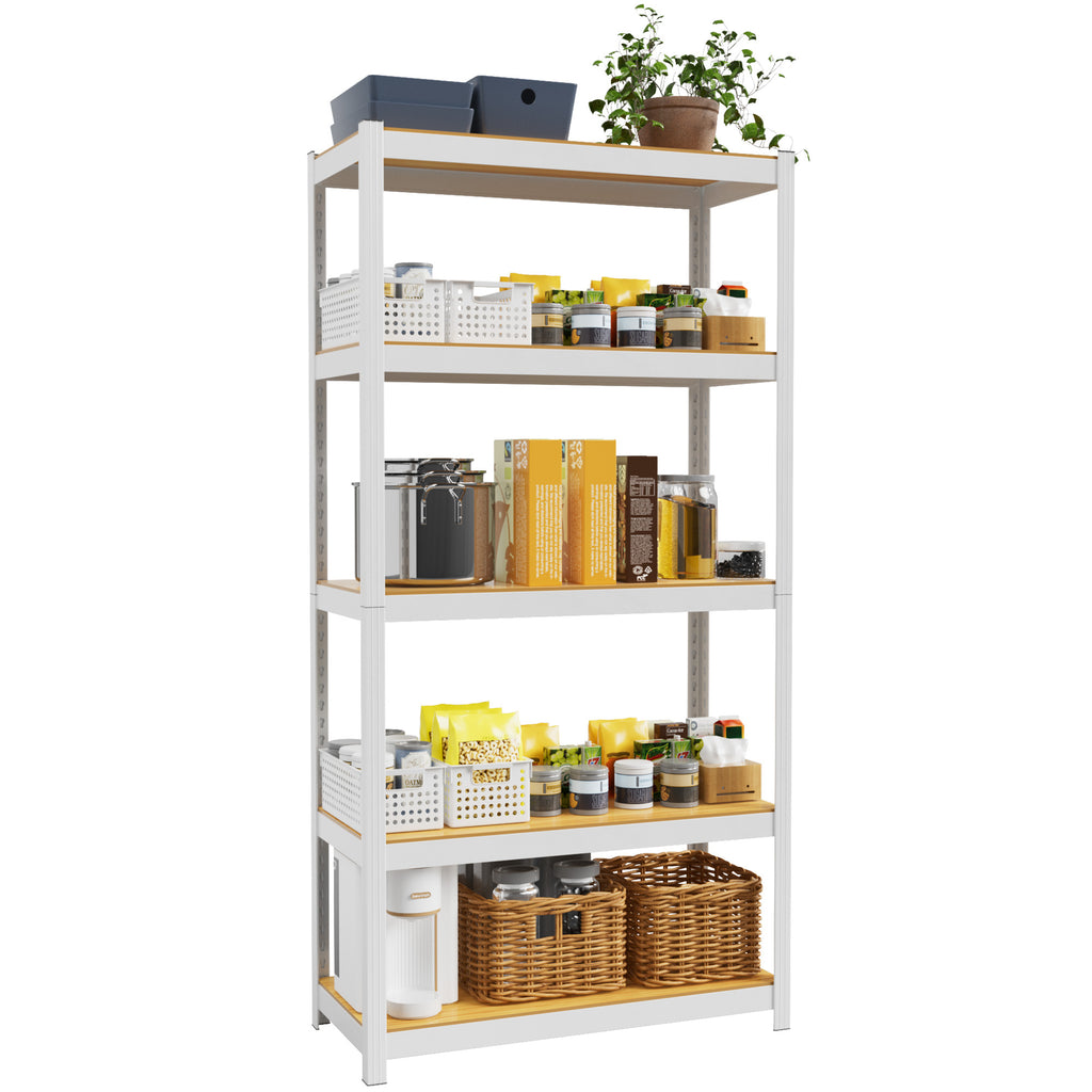 White 5-tier storage shelves with light wood boards holding kitchen storage containers