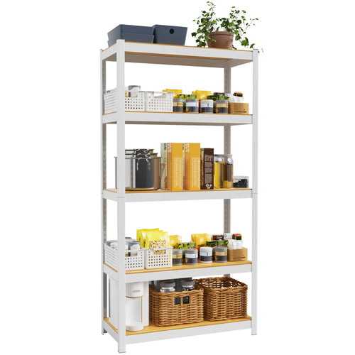 White 5-tier storage shelves with light wood boards holding kitchen storage containers