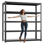 Black metal 5-tier shelving unit with horizontal open shelves and sturdy side posts