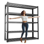 5-tier wire mesh shelving unit with dark gray frame and stacked open wire shelves