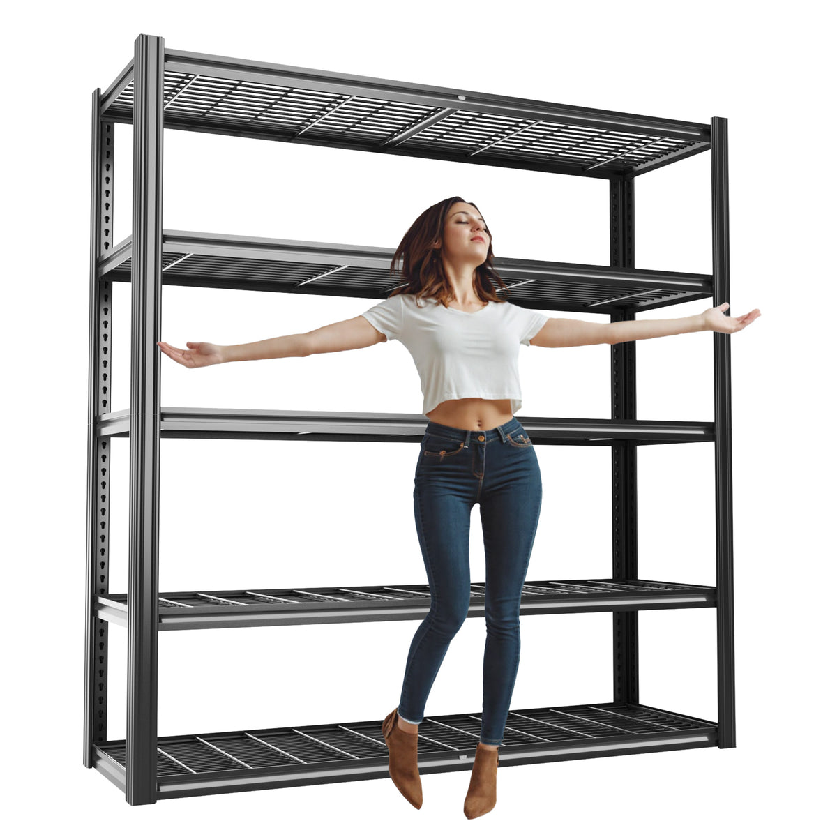 5-tier wire mesh shelving unit with dark gray frame and stacked open wire shelves