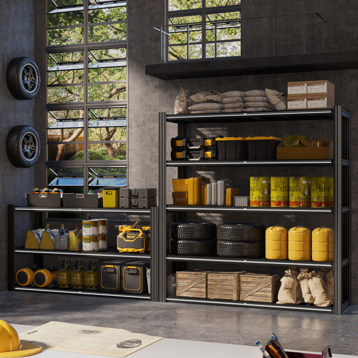 Black 5-tier wire mesh shelving rack filled with bins, jars, and storage boxes