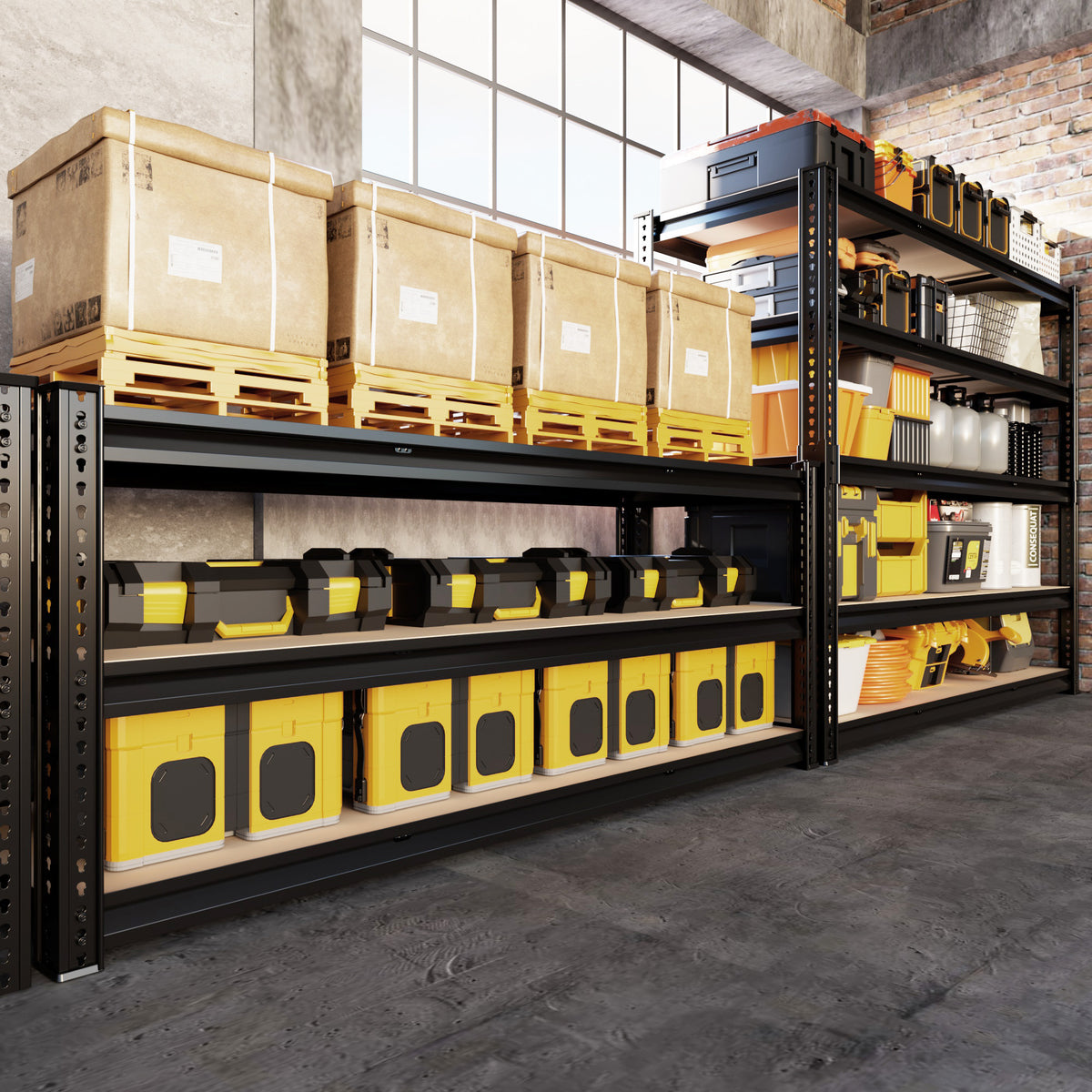 5-tier shelving unit loaded with yellow/black storage bins and boxes