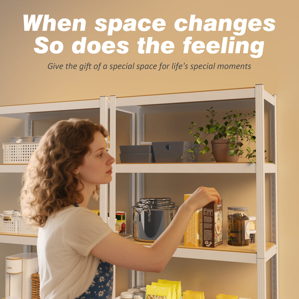 White 5-tier closet storage shelf beside kitchen items and plants on top shelves