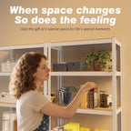 White 5-tier closet storage shelf beside kitchen items and plants on top shelves