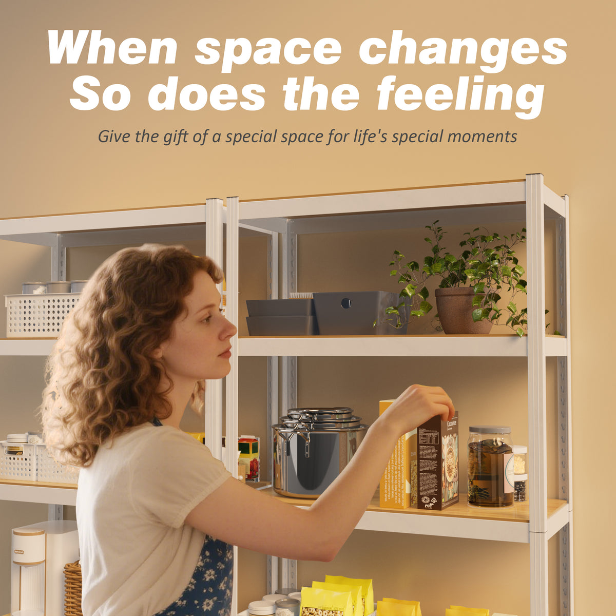 White 5-tier closet storage shelf beside kitchen items and plants on top shelves