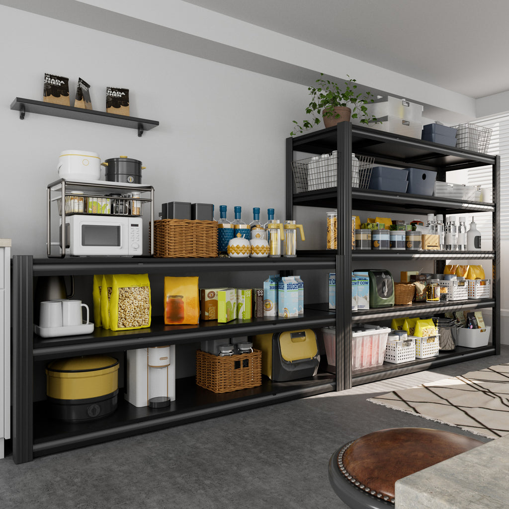 5-tier steel shelving unit with dark gray frame, filled with storage bins and containers