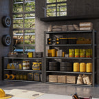 Garage storage wire mesh shelving unit with dark gray frame and stacked open shelves