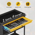 Tool cart with yellow sliding top drawer and black organizer compartments