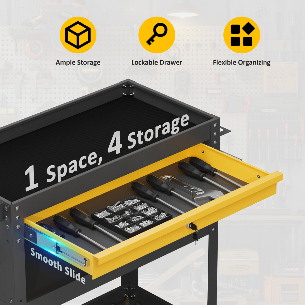 Tool cart with yellow sliding top drawer and black organizer compartments