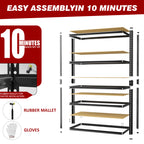 Black 5-tier shelving unit with steel posts, MDF boards, and included assembly parts