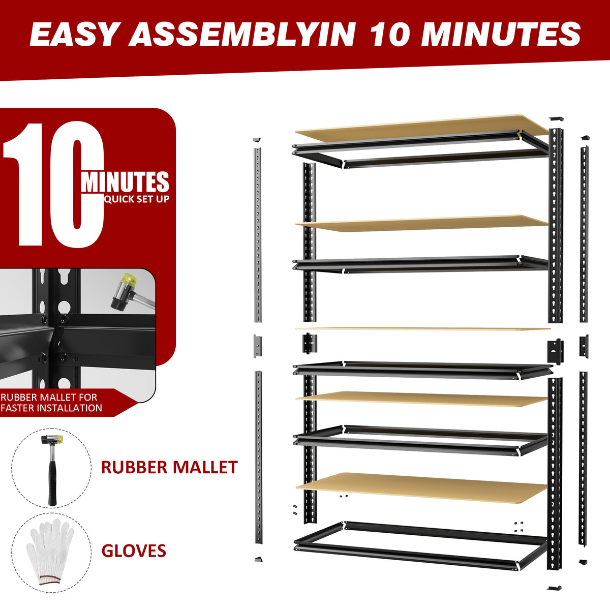 Black 5-tier shelving unit with steel posts, MDF boards, and included assembly parts