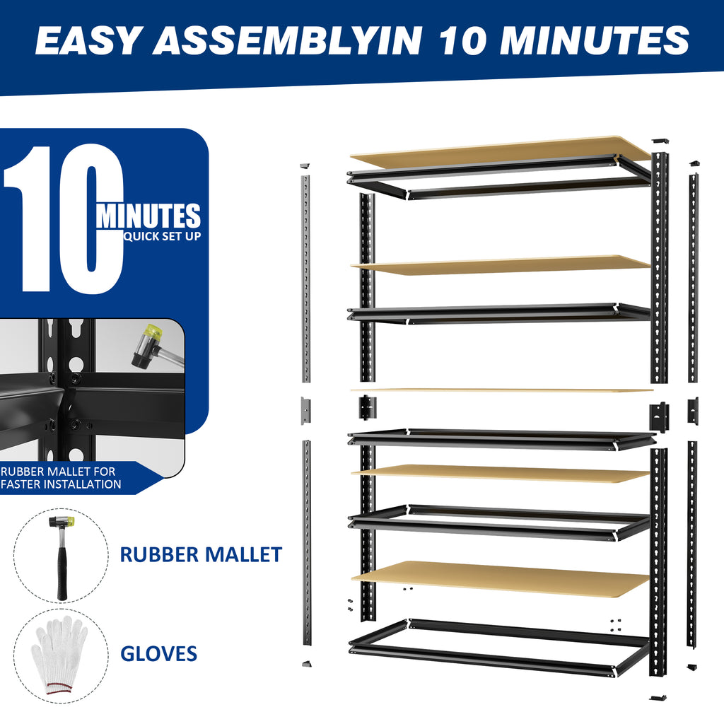 5-tier shelving unit shown disassembled parts with black frame and MDF boards.