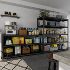 Black 5-tier steel shelving unit displaying kitchen storage bins, cans, and containers