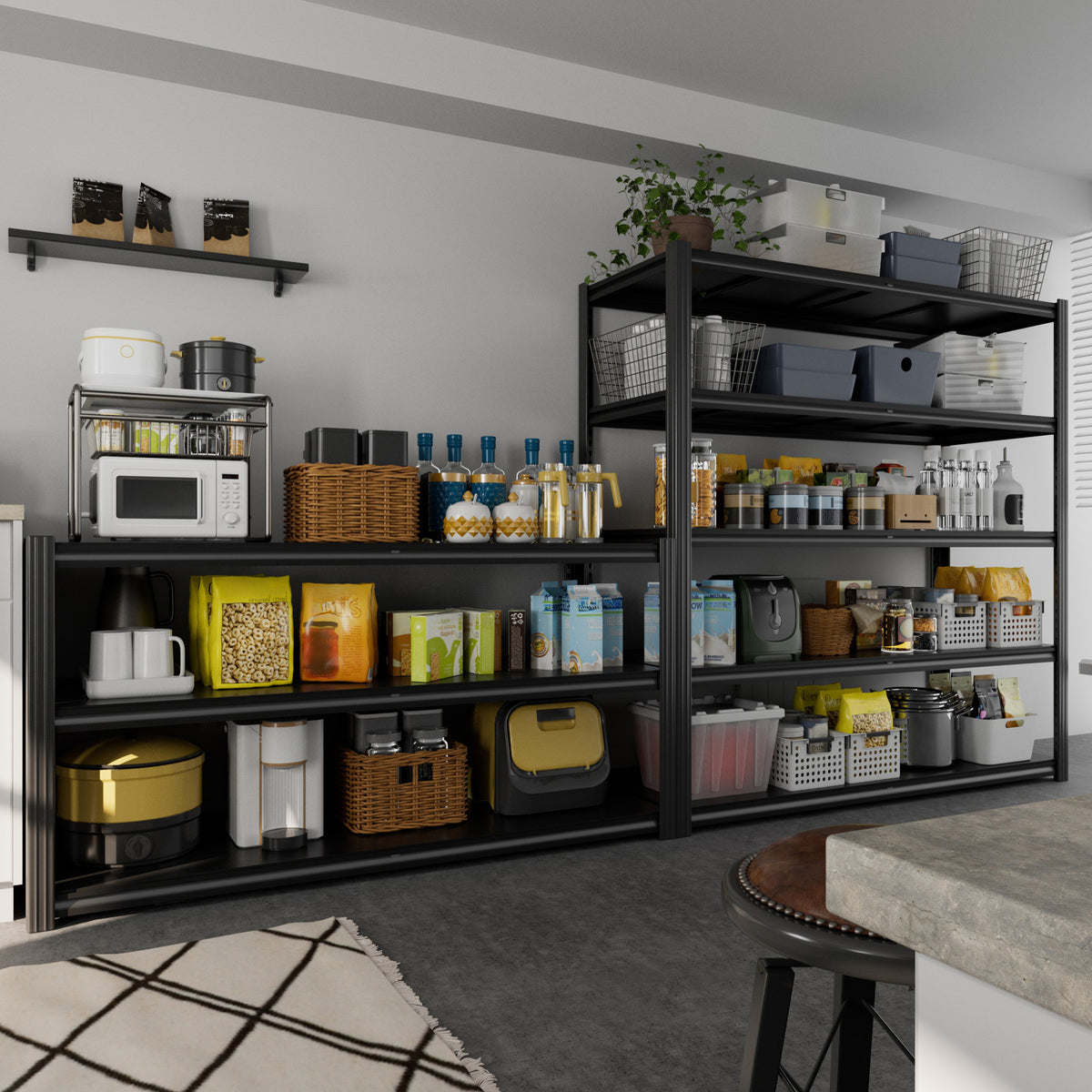Black 5-tier steel shelving unit displaying kitchen storage bins, cans, and containers
