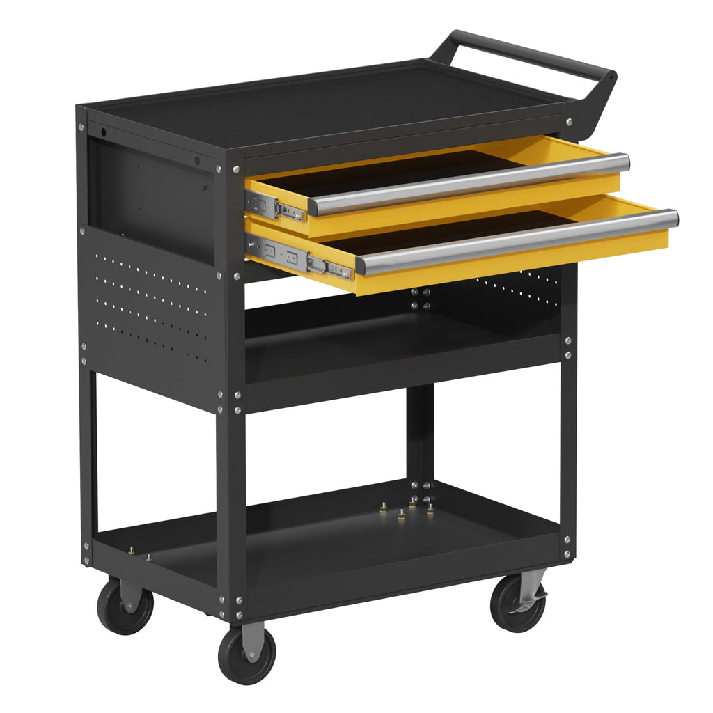 Black 5-tier mobile tool cart with two drawers, heavy-duty steel frame, and swivel casters