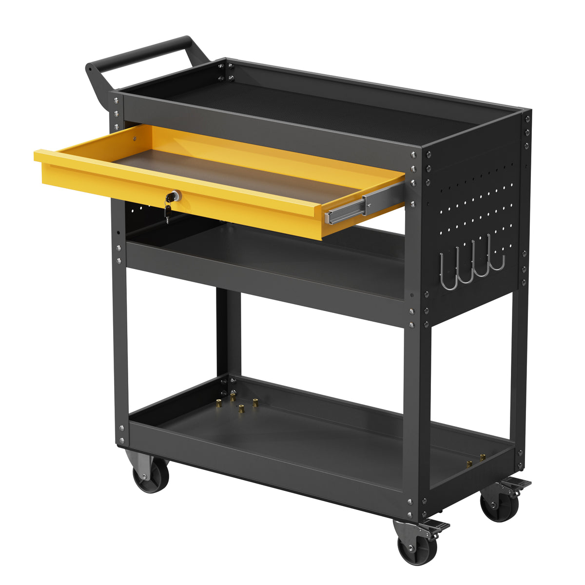 Mobile tool cart with dark frame, yellow drawer tray, and side hook panel