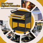 Mobile tool cart with black body and yellow slide trays, shown with multiple storage compartments