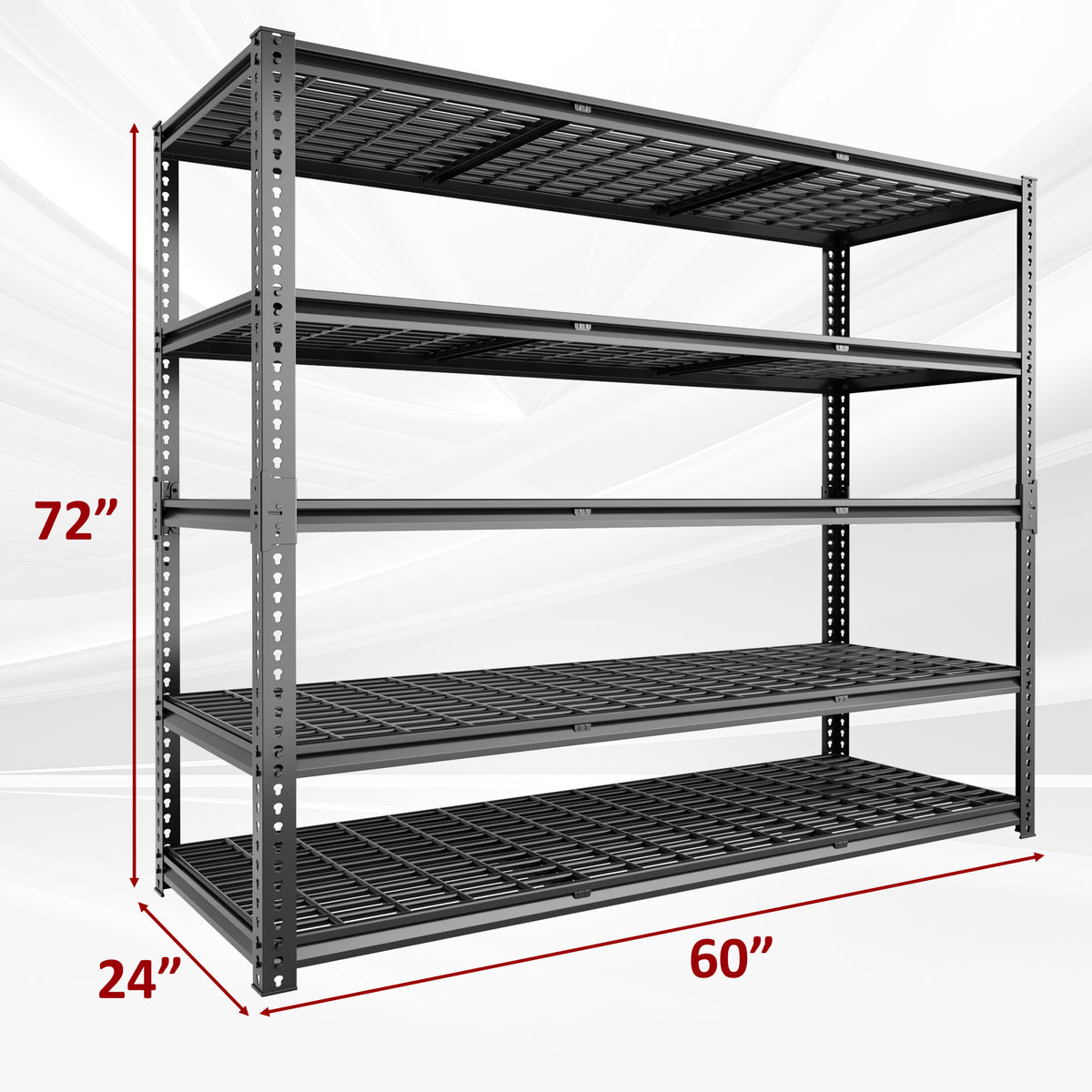 5-tier wire mesh shelving unit with dark gray frame; labeled dimensions view