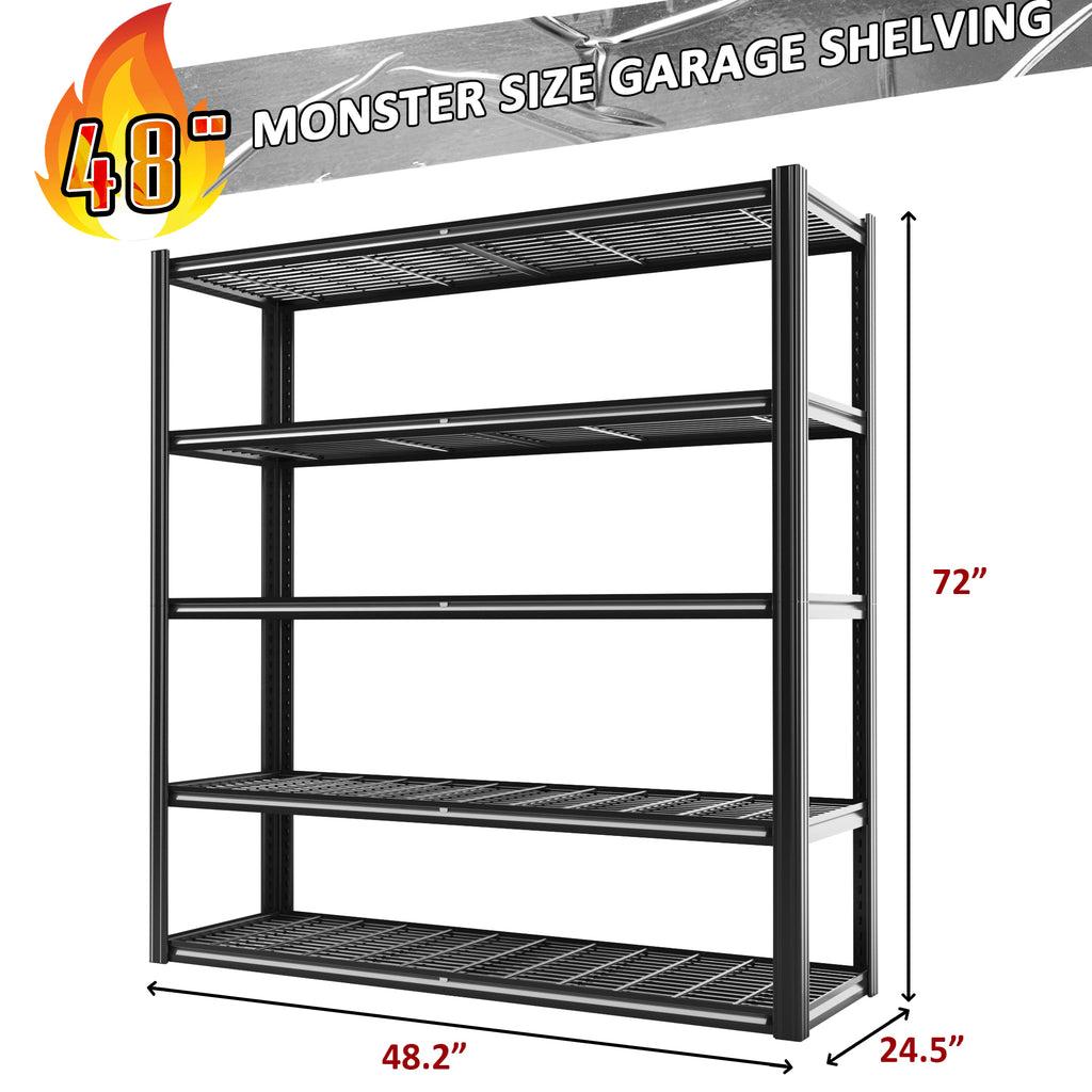 48 in 5-tier wire mesh garage shelving rack, 72 in tall, 24.5 in wide