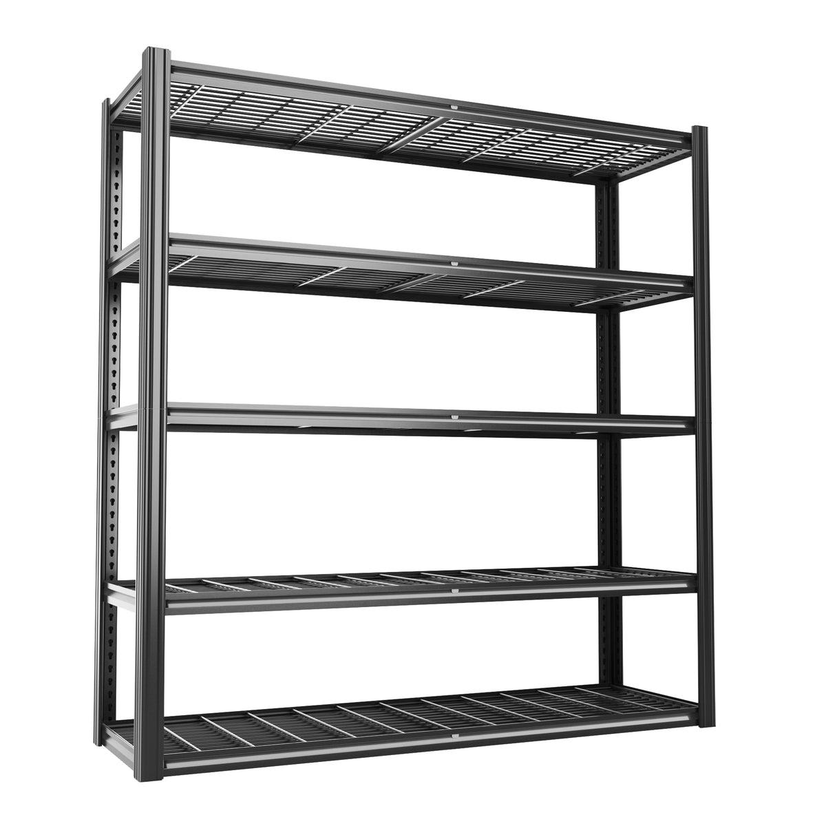 Black wire mesh storage shelving rack with 5 open tiers and sturdy metal frame