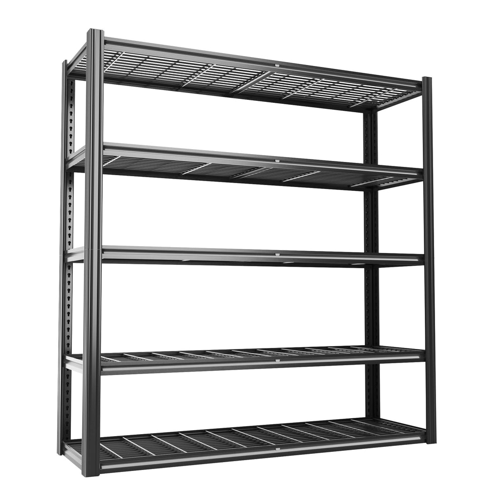 5-tier wire mesh shelving unit, dark gray frame with four open wire shelves
