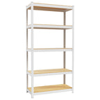 White 5-tier closet storage shelf unit with metal frame and light wood shelves